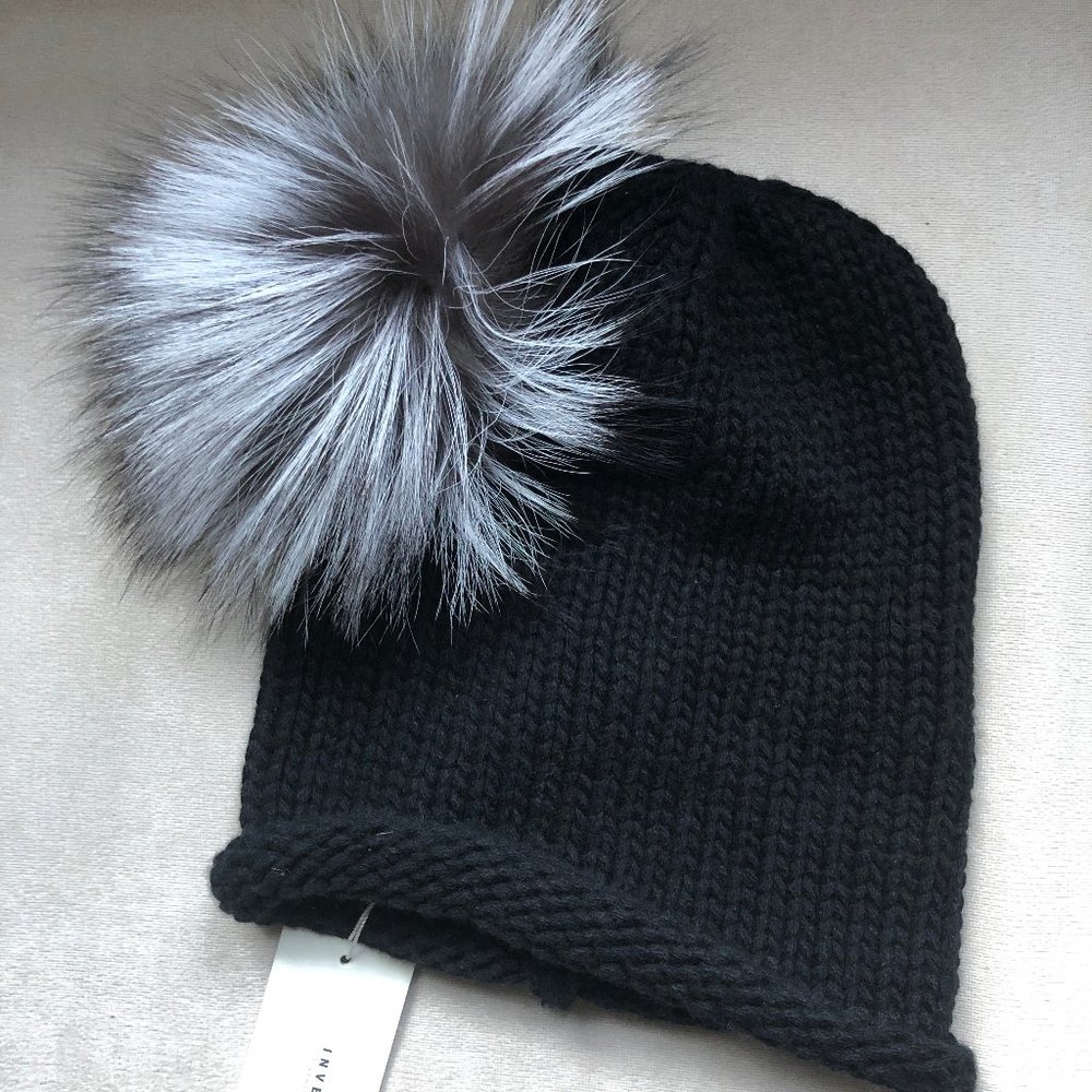 Inverni Diana Cashmere Black Hat Frost Fox Fur New